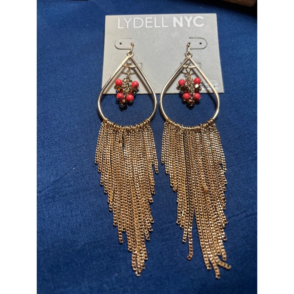 #78. Gold Teardrop Coral-pink Cluster Chain Earrings